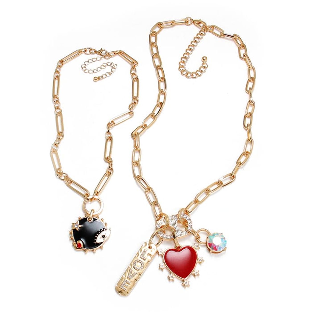 VANE COLLECTION - Collar para mujer cadena gruesa doble y separados con cristal, baño de oro y colgante esmaltado