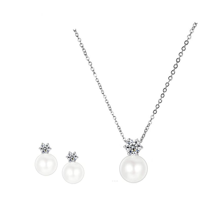 VANE COLLECTION - Collar conjunto con aros mujer acero con baño de rodio circón y perla