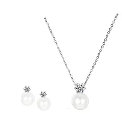 VANE COLLECTION - Collar conjunto con aros mujer acero con baño de rodio circón y perla