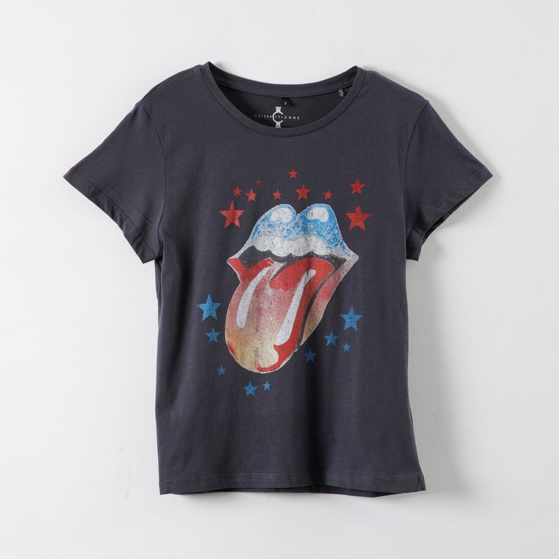 ROLLING STONES - Polera Manga Corta Mujer Lengua Negro Kiss