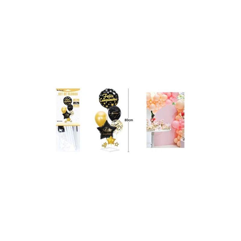 GENERICO - Set De Globos Con Base Dorado y Negro 6pcs
