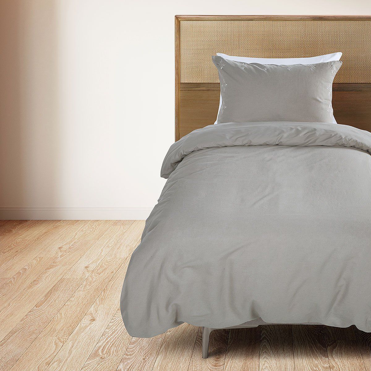 ROSEN - Funda Plumón Lino-Algodón Bordado Osburg Gris 1,5 Plazas