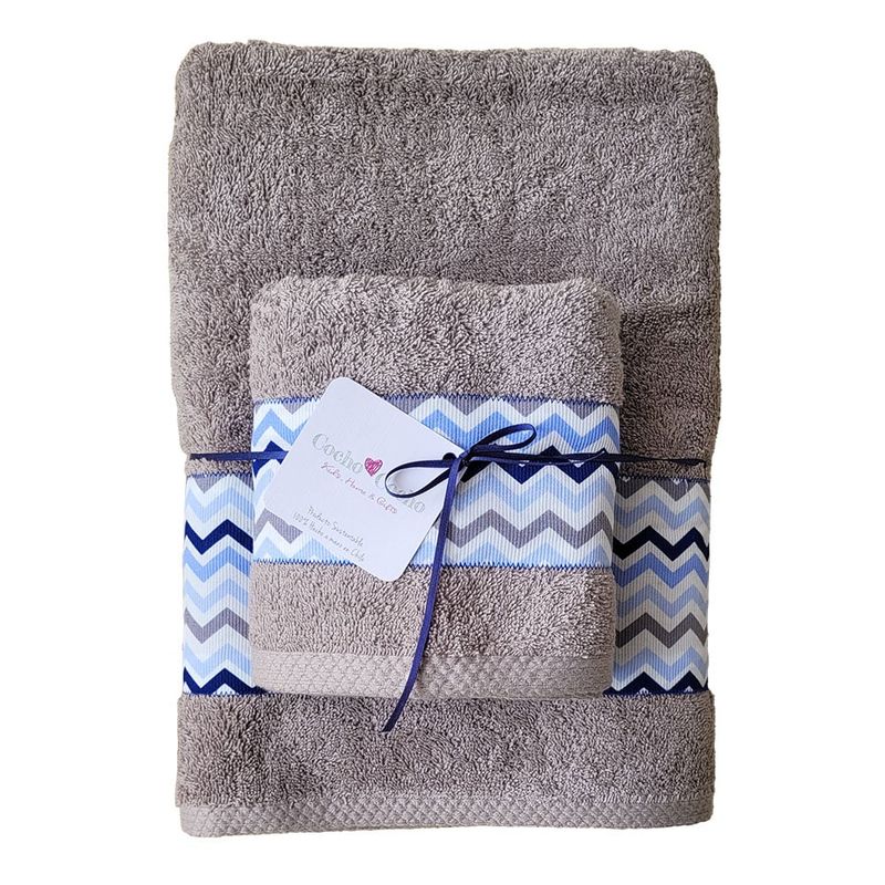 COCHO COCHO - Juego Toalla 2 Piezas Algodón Cocho Cocho Gris Zigzag Azul y Gris