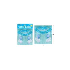 GENERICO - Set De Globos y Guirnalda Con Cortina Celeste 9pcs