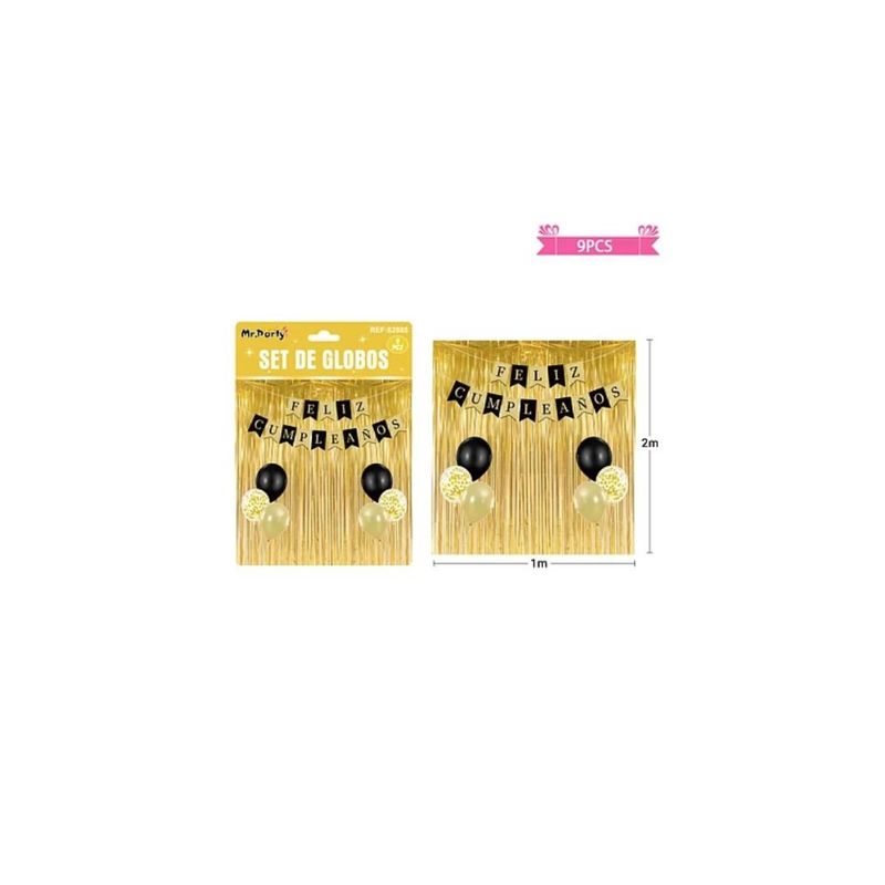 GENERICO - Set De Globos Con Cortina Guirnalda Dorado Negro 9pcs