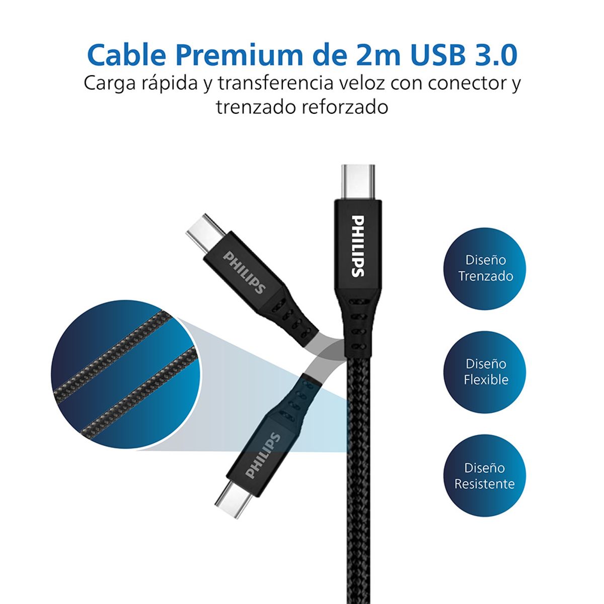 PHILIPS - Cable Trenzado USB-C a USB-C Philips DLC5206C Negro