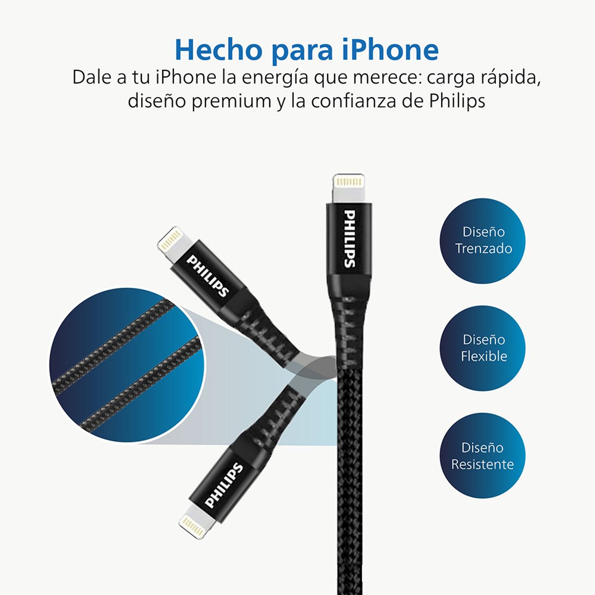 PHILIPS - Cable Trenzado USB-C a Lightning Philips DLC5206L Negro