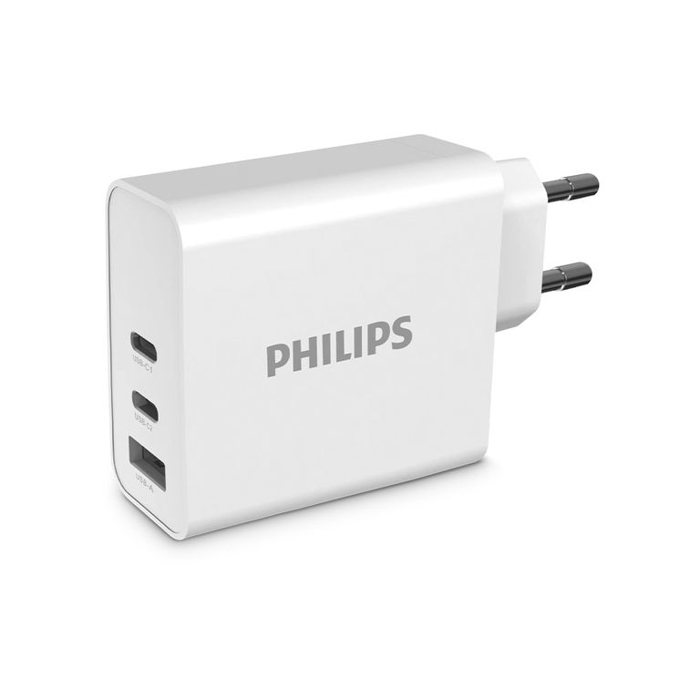 Cargador de Pared GaN 65W con 2 USB-C y 1 USB-A Carga Rápida Philips DLP2683