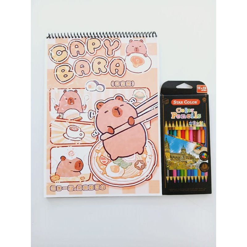 GENERICO - Croquera para colorear Capybara + 24 lápices de colores