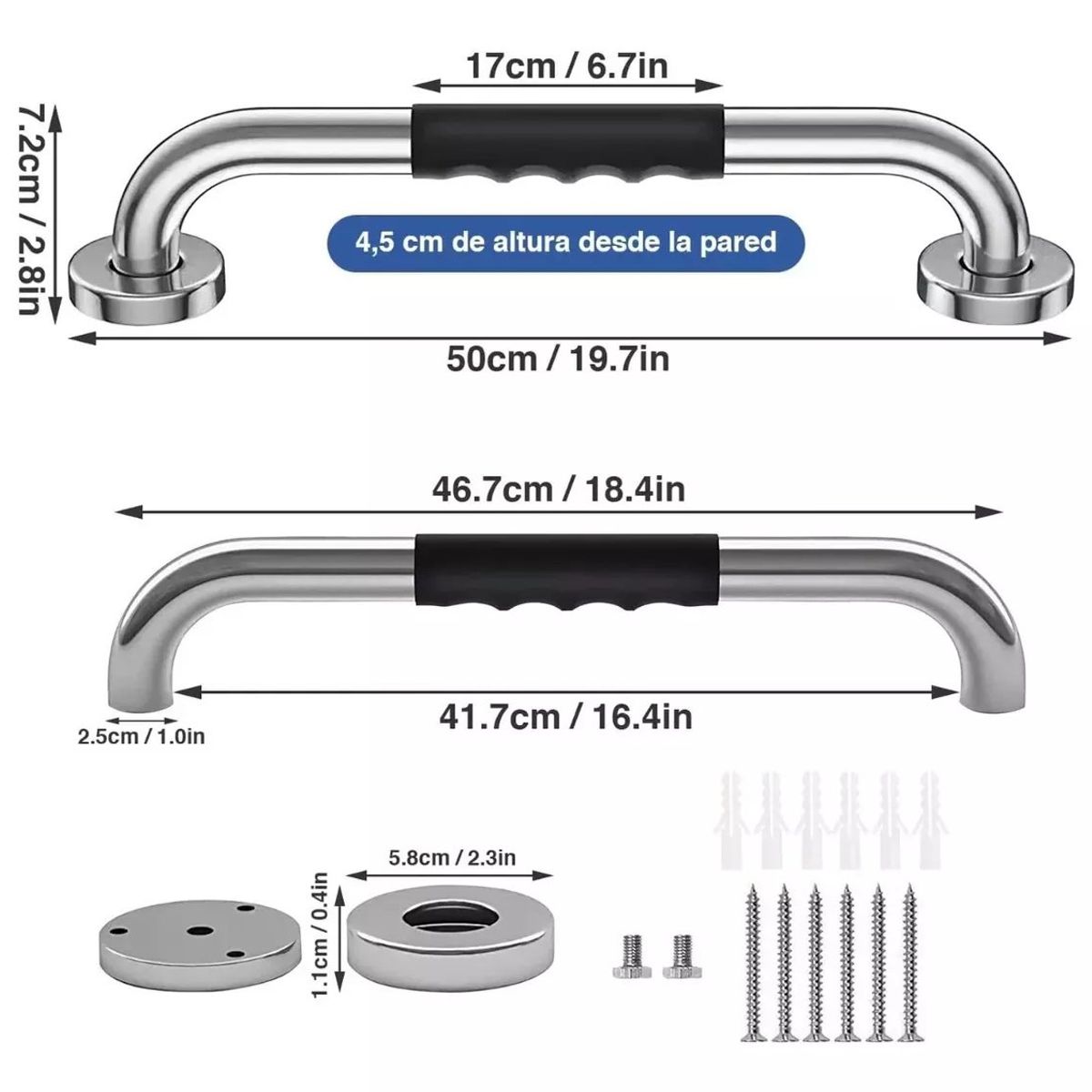 KUANGYE - 2 Barras Agarradera De Seguridad Baños Apoyo Acero Inox 50cm