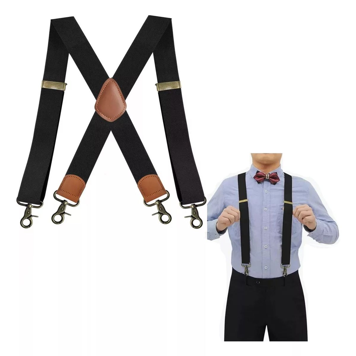 KUANGYE - Suspensores Anchos Color Negro Con Ganchos Vintage