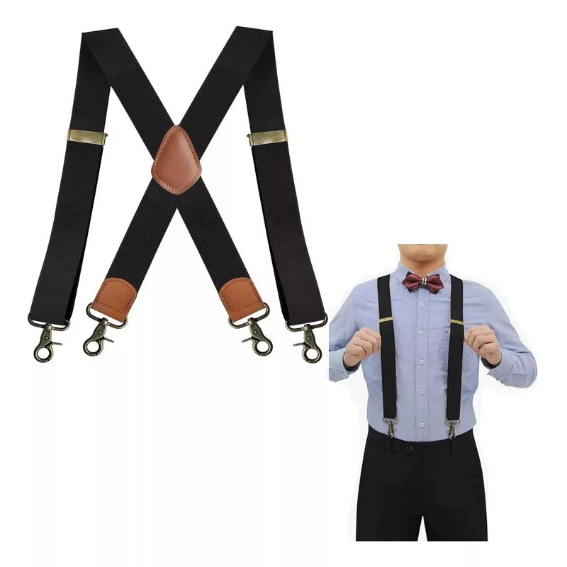KUANGYE - Suspensores Anchos Color Negro Con Ganchos Vintage
