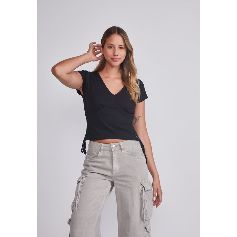 SIOUX - Polera Mujer Negro Amarras Costados Sioux