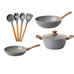 GENERICO - Bateria De Cocina 8 Piezas Antiadherente Ceramica Marmolada