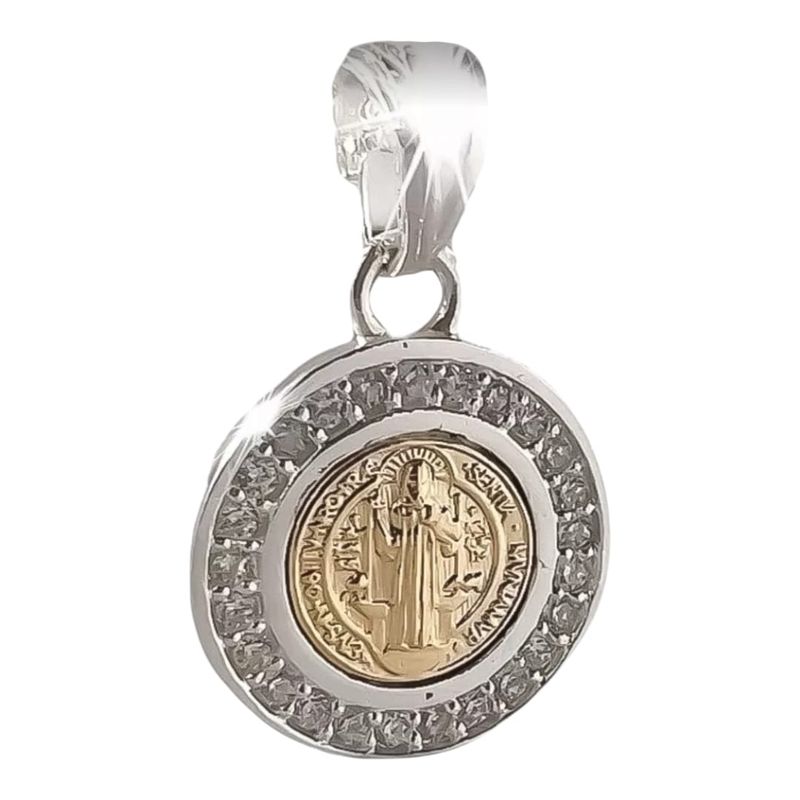 GENERICO - colgante san benito plata 925 grande oro 14k  circones + cadena 50 cm