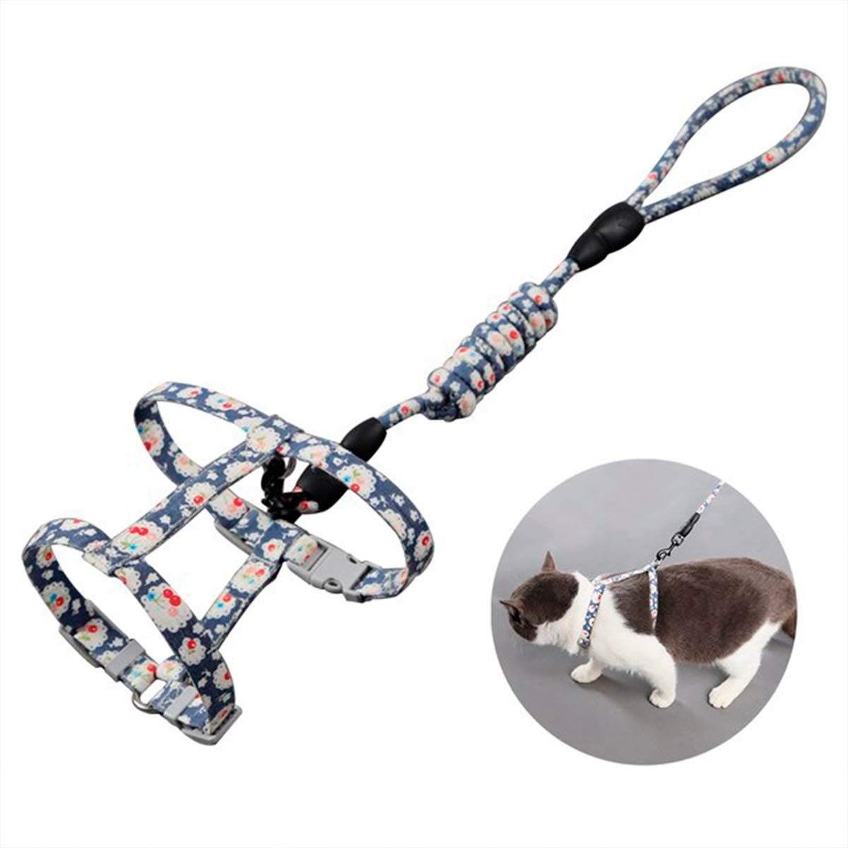 GENERICO - Arnes Ajustable + Correa Mascotas Perros-Gatos Flores Azul