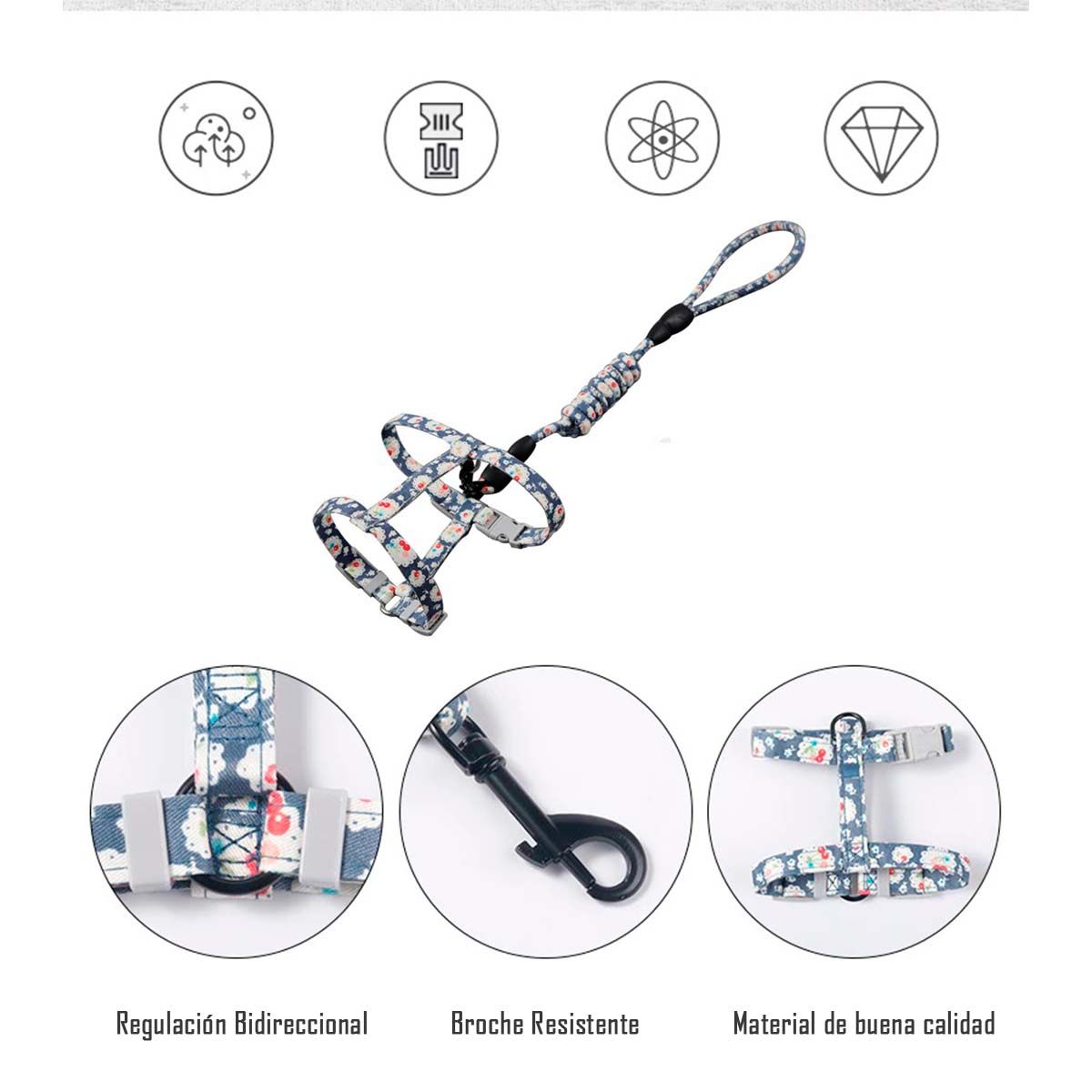 GENERICO - Arnes Ajustable + Correa Mascotas Perros-Gatos Flores Azul