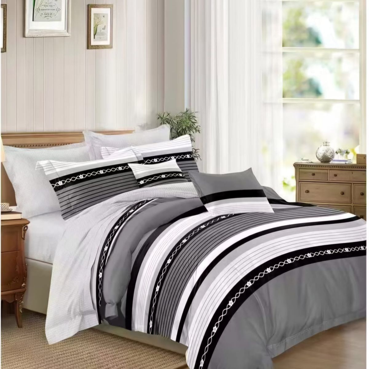 GENERICO - SÁBANAS DE GENERO 1.5 PLAZAS CON DISEÑO DE LINEAS GRIS TF