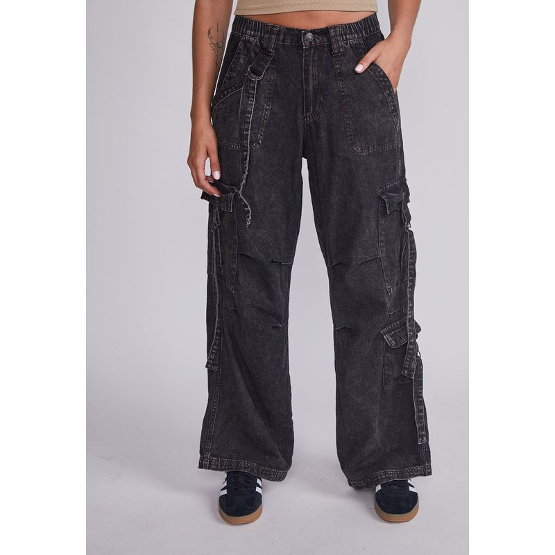 SIOUX - Jeans Mujer Negro Cargo Tiras Sioux