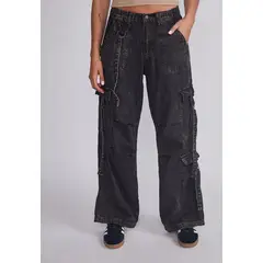 SIOUX - Jeans Mujer Negro Cargo Tiras