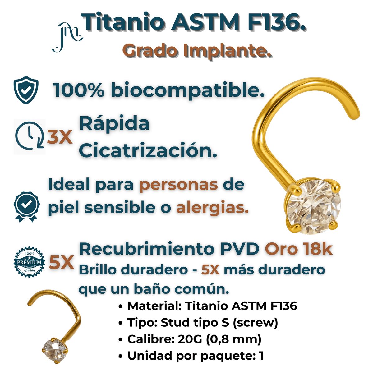 ELBAULDEJUMA - Piercing tipo S nostril 3mm titanio ASTM F136 chapado en oro 18k