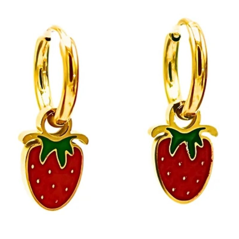 ELBAULDEJUMA - Argollas huggies frutillas fresitas Chapada En Oro 18k