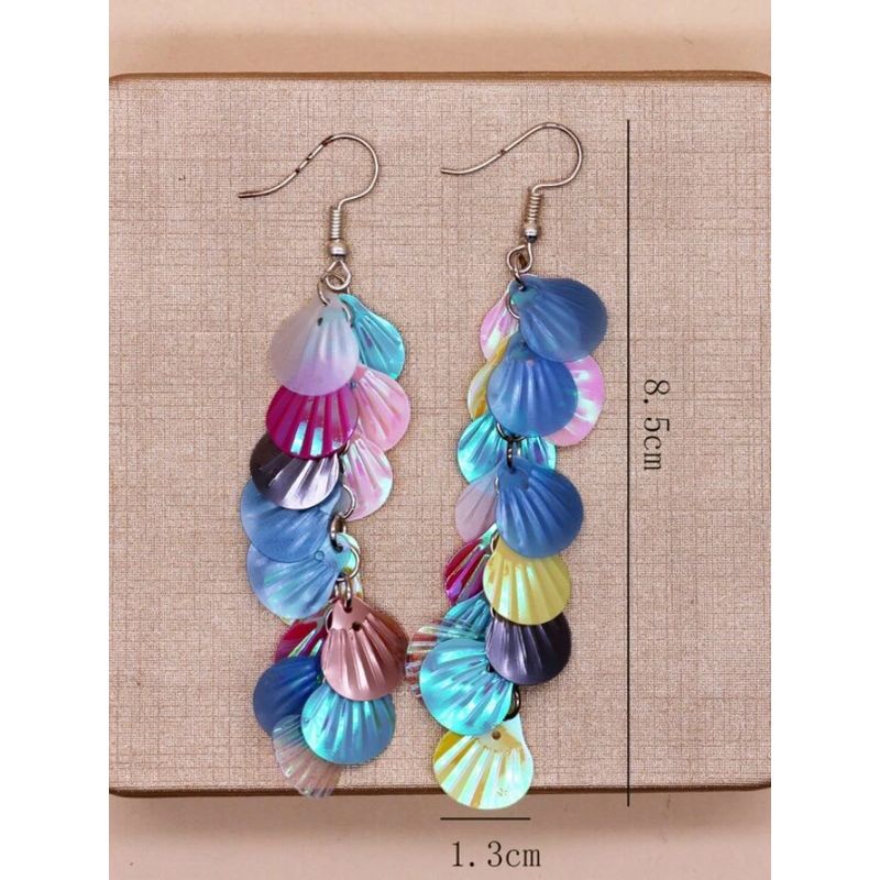 GENERICO - Pendientes Largos Multicolor con Detalle de Conchas