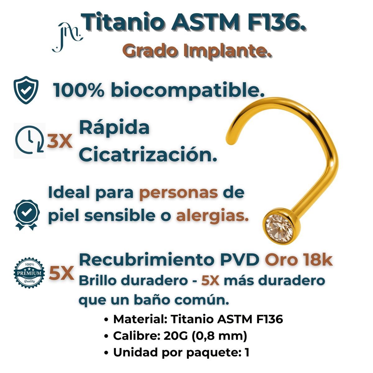 ELBAULDEJUMA - Piercing tipo S nostril 2mm titanio ASTM F136 chapado en oro 18k