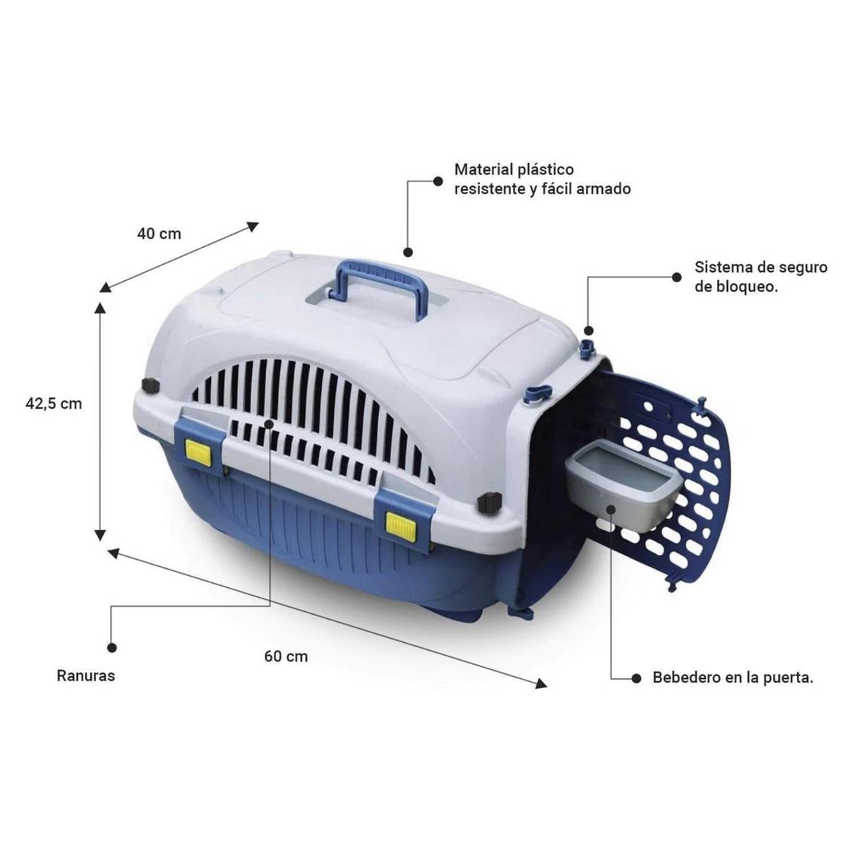 GENERICO - Transportador Plástico para Mascotas 60x40x42,5 cm - Azul - L