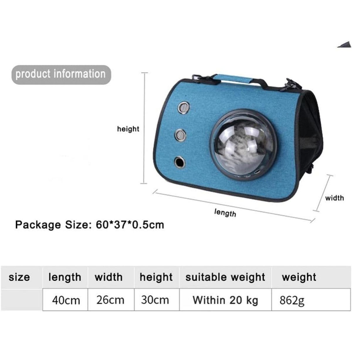 GENERICO - Bolso transportador para gatos pegable 40x26x25 - Azul - 30x26x40