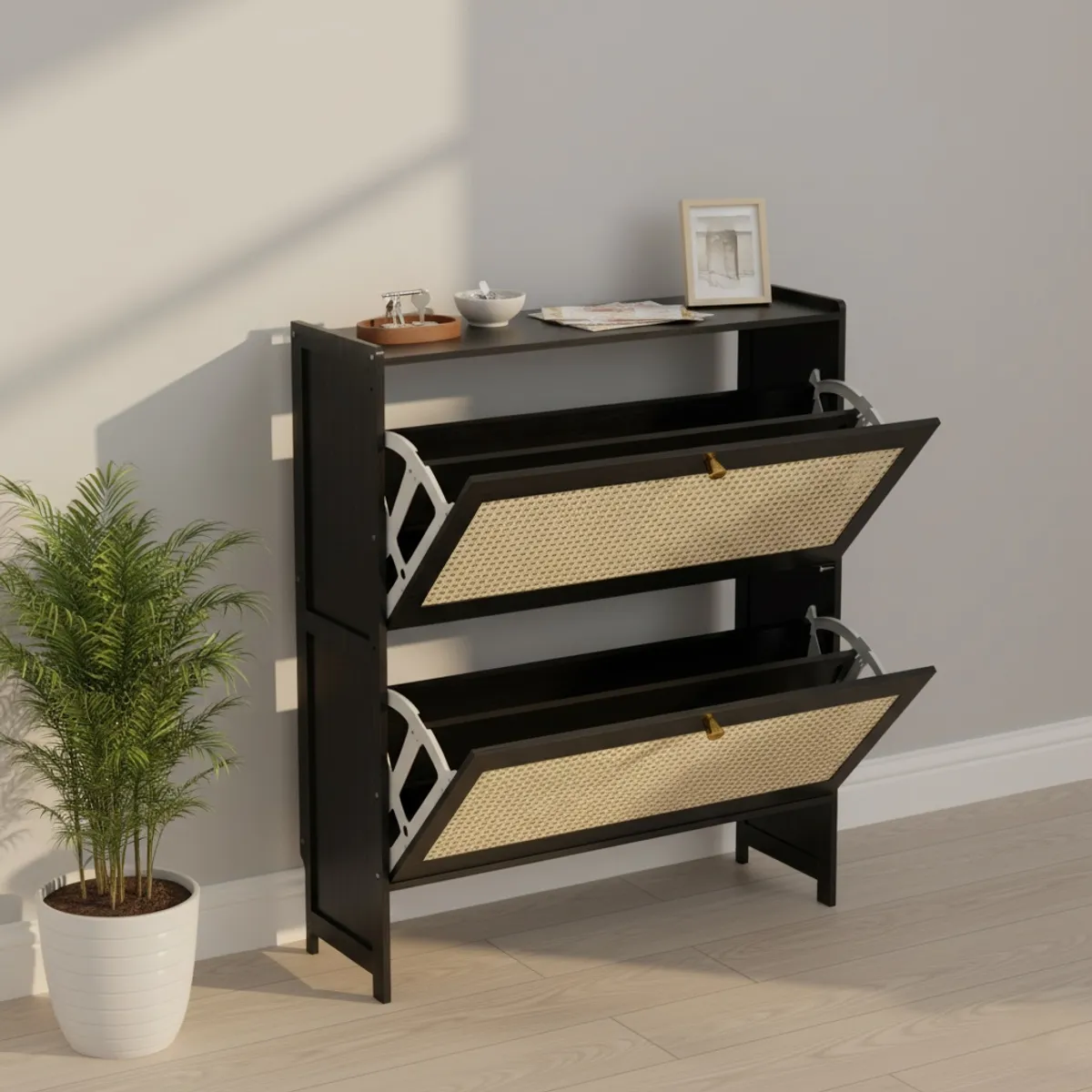 HALMAN - Zapatero de Bambú Moderno para Entrada 2 Puertas