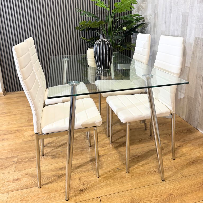 Comedor Mesa Rectangular Vitreo 130x80 + 4 Silla Dining Blanca Blanco VITREO130DININW4