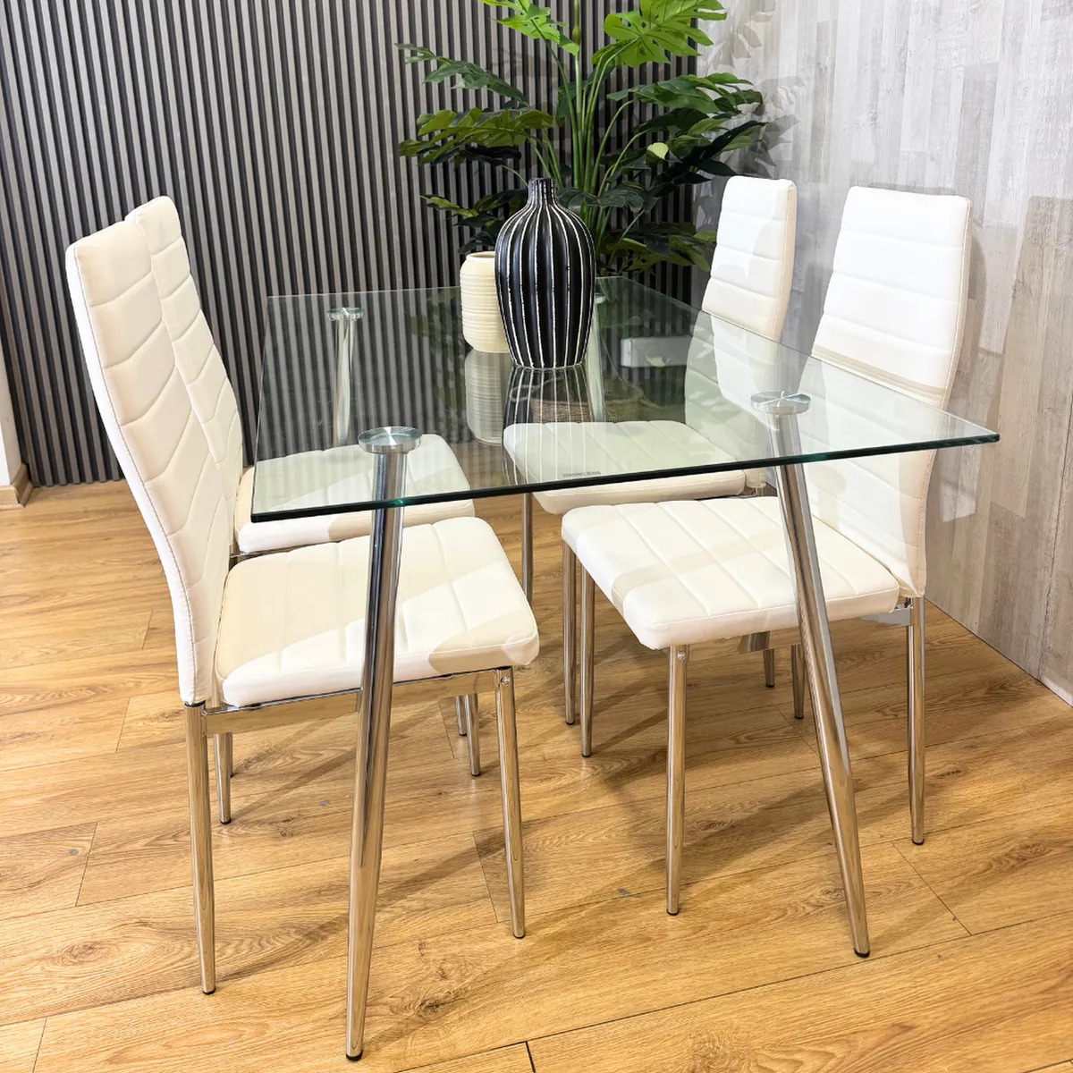 PANDALINO - Comedor Mesa Rectangular Vitreo 130x80 + 4 Silla Dining Blanca