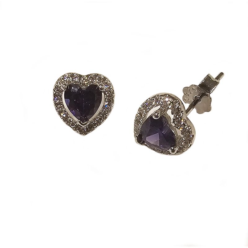GENERICO - Aros de Plata con Corazón de Cristal Morado y Detalles en Cristales Blancos