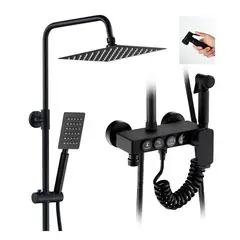 KUANGYE - Ducha Columna Moderna 4 Funciones Llave Botones Negro Mate