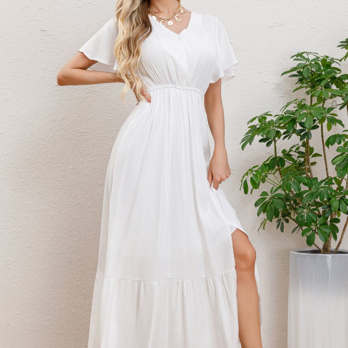 LIKE SHOP - Vestido Largo Verano Mujer Manga Corta Abertura Botones 328