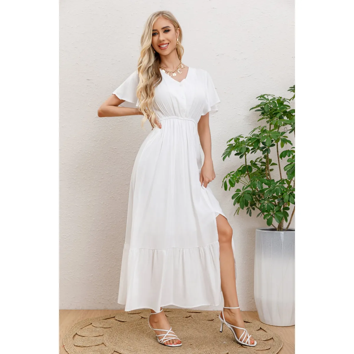 LIKE SHOP - Vestido Largo Verano Mujer Manga Corta Abertura Botones 328