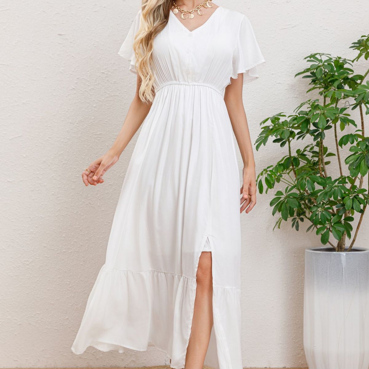 LIKE SHOP - Vestido Largo Verano Mujer Manga Corta Abertura Botones 328