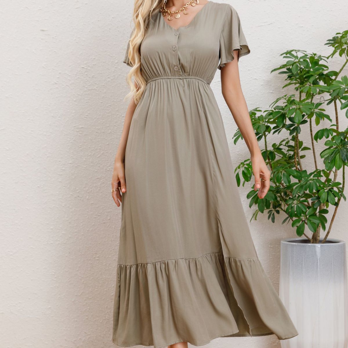 LIKE SHOP - Vestido Largo Verano Mujer Manga Corta Abertura Botones 328