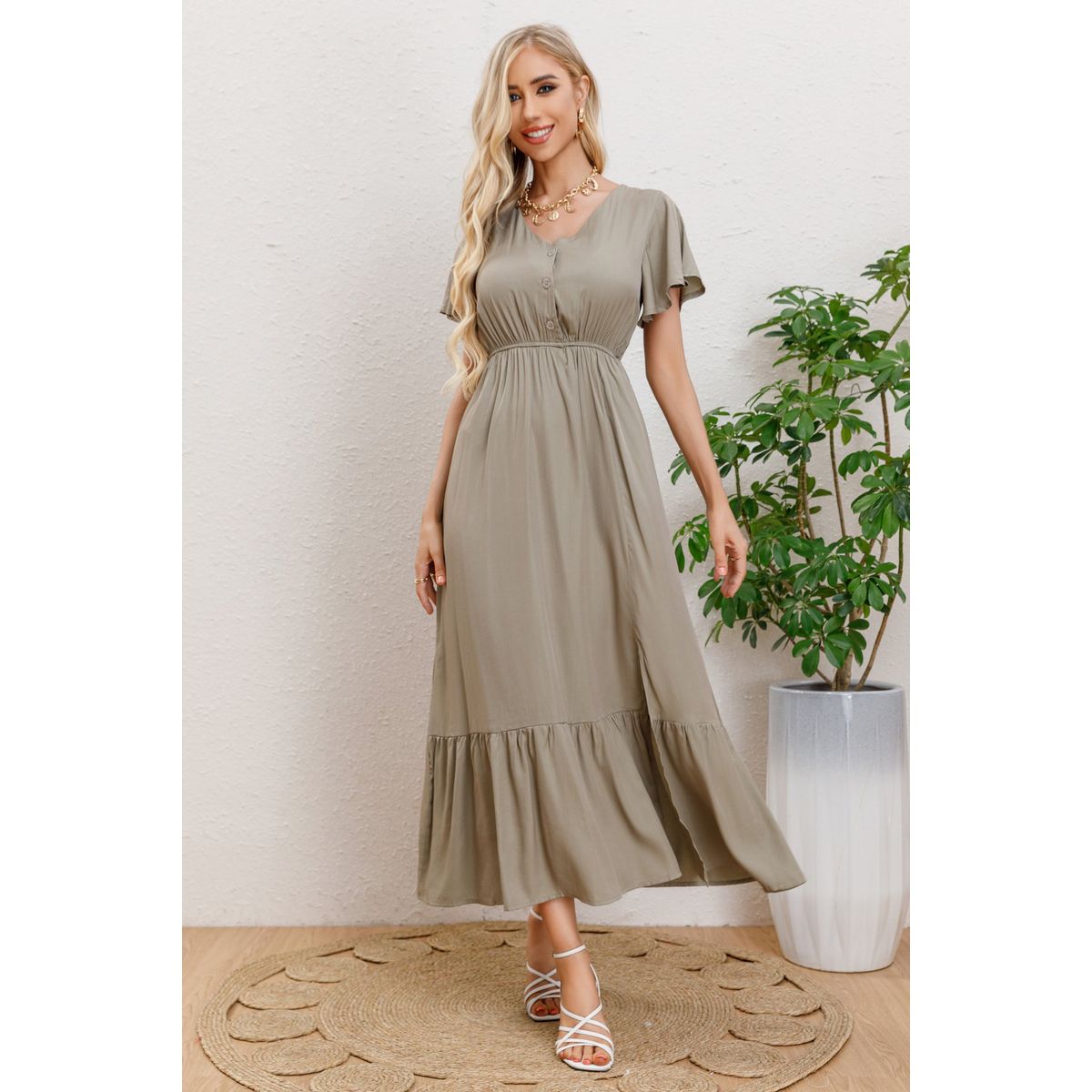 LIKE SHOP - Vestido Largo Verano Mujer Manga Corta Abertura Botones 328