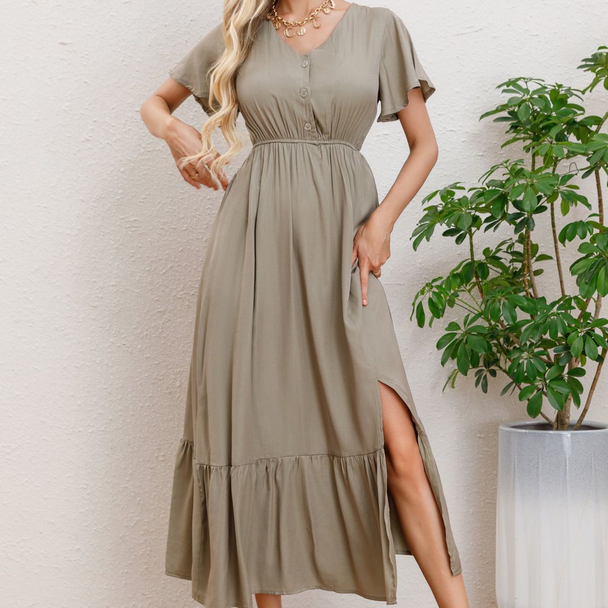 LIKE SHOP - Vestido Largo Verano Mujer Manga Corta Abertura Botones 328