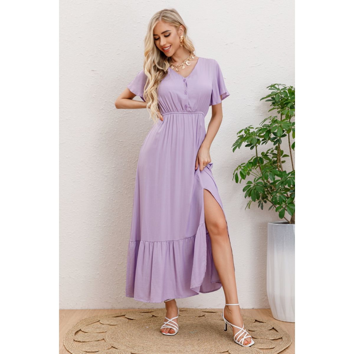 LIKE SHOP - Vestido Largo Verano Mujer Manga Corta Abertura Botones 328