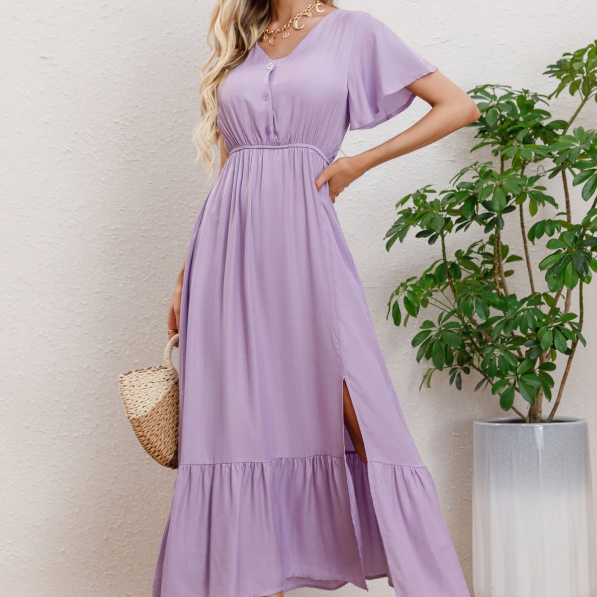 LIKE SHOP - Vestido Largo Verano Mujer Manga Corta Abertura Botones 328