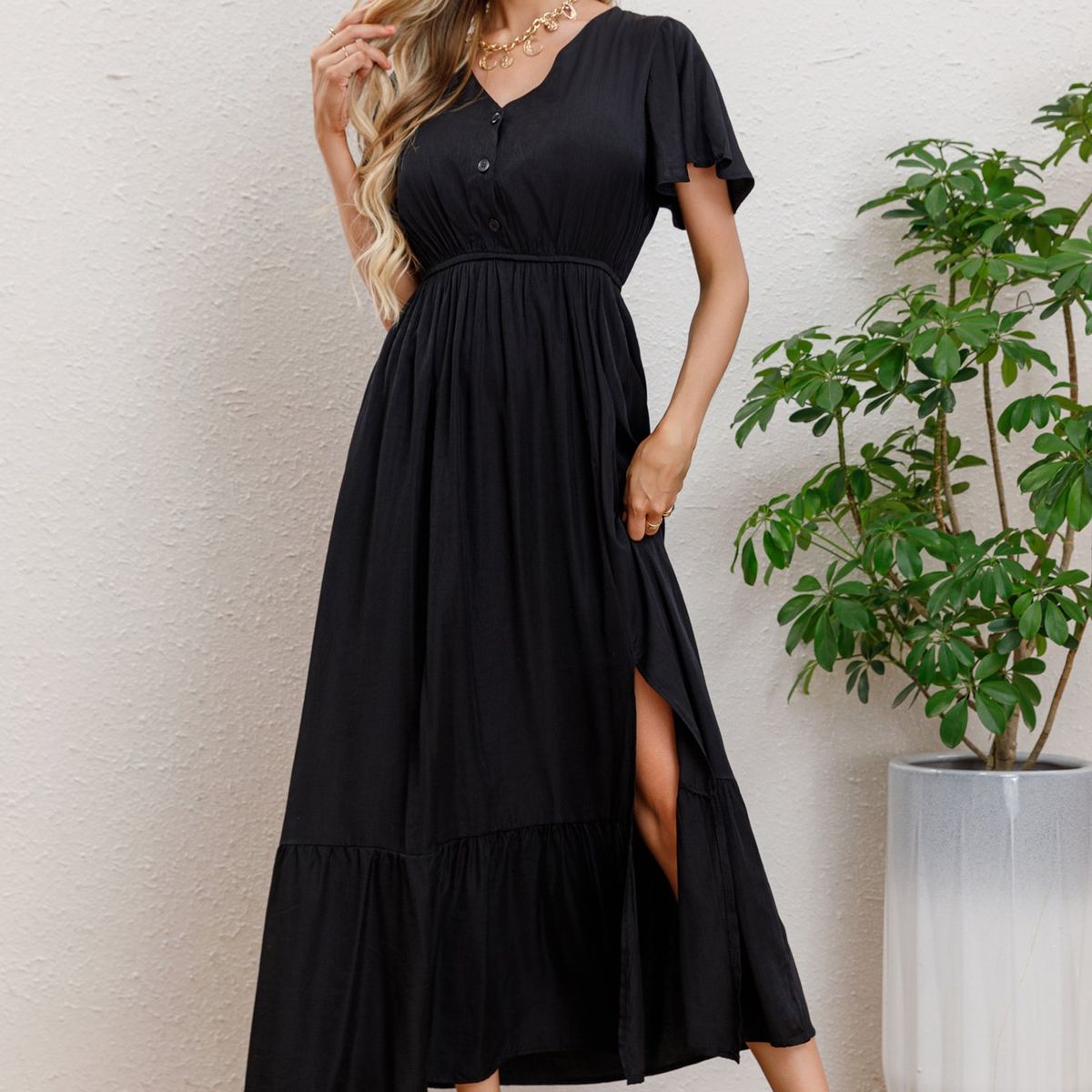 LIKE SHOP - Vestido Largo Verano Mujer Manga Corta Abertura Botones 328