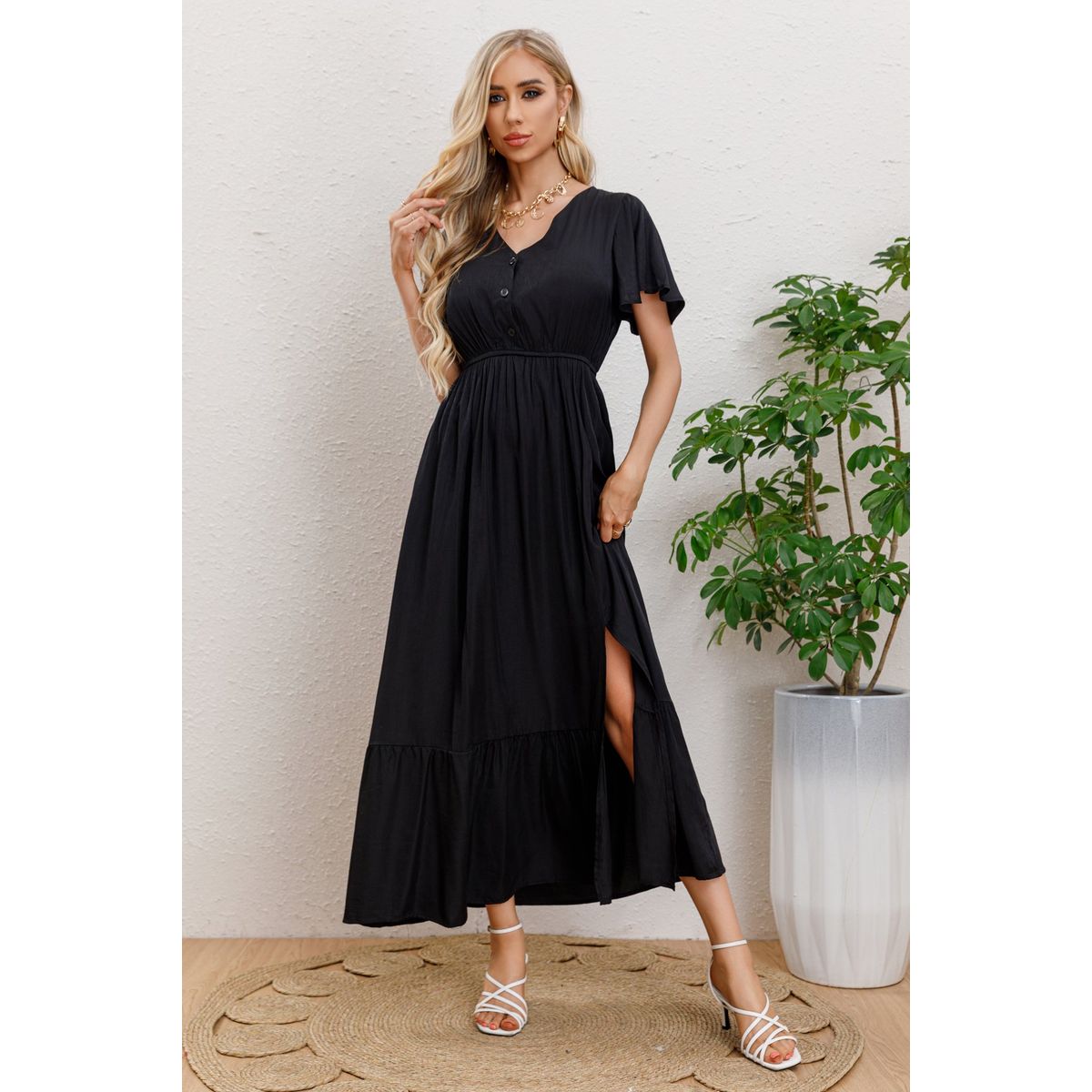 LIKE SHOP - Vestido Largo Verano Mujer Manga Corta Abertura Botones 328