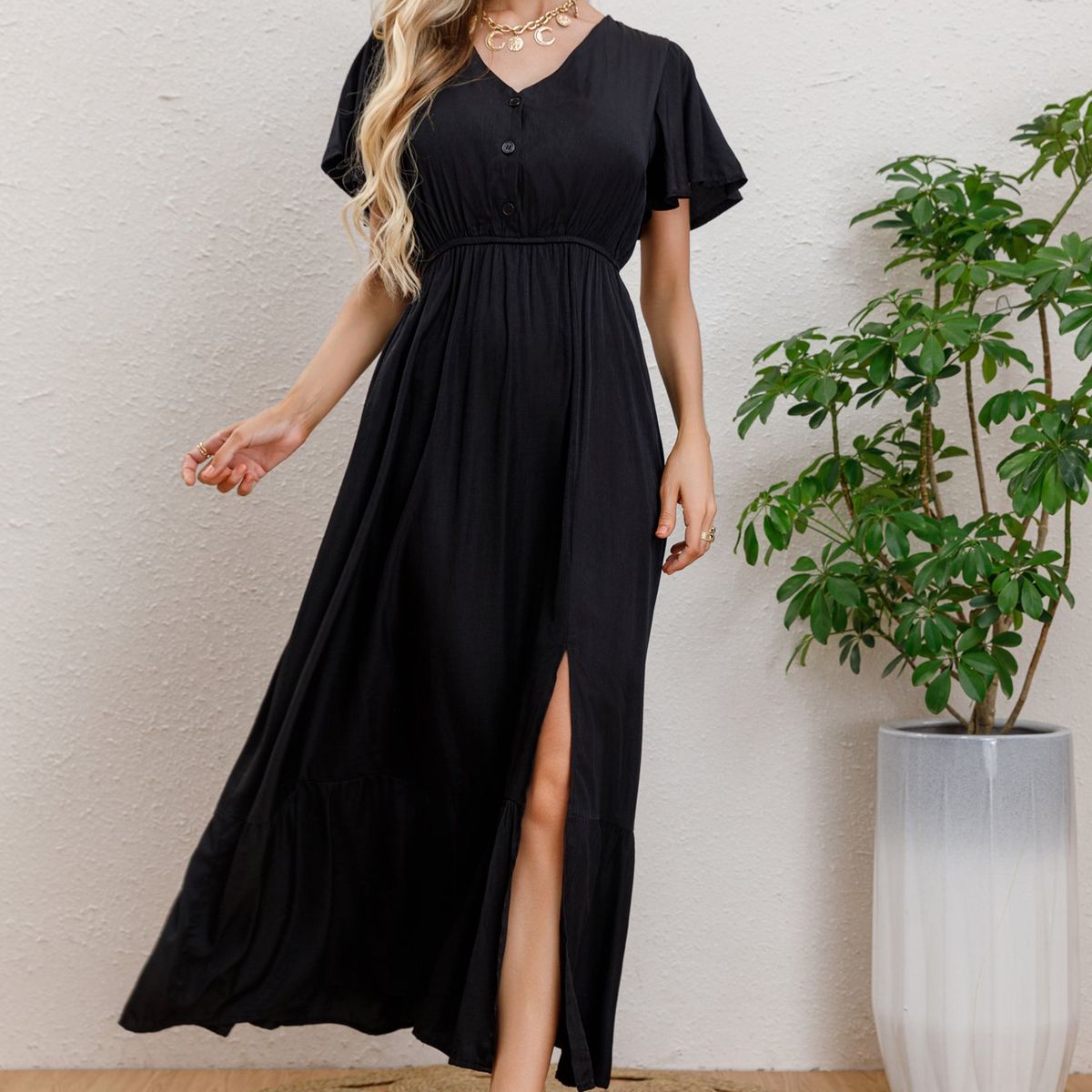 LIKE SHOP - Vestido Largo Verano Mujer Manga Corta Abertura Botones 328