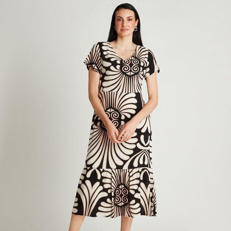 CURVI - Vestido Maxi Negro Manga Corta Estampado Cuello V