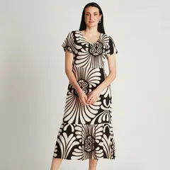 CURVI - Vestido Maxi Negro Manga Corta Estampado Cuello V