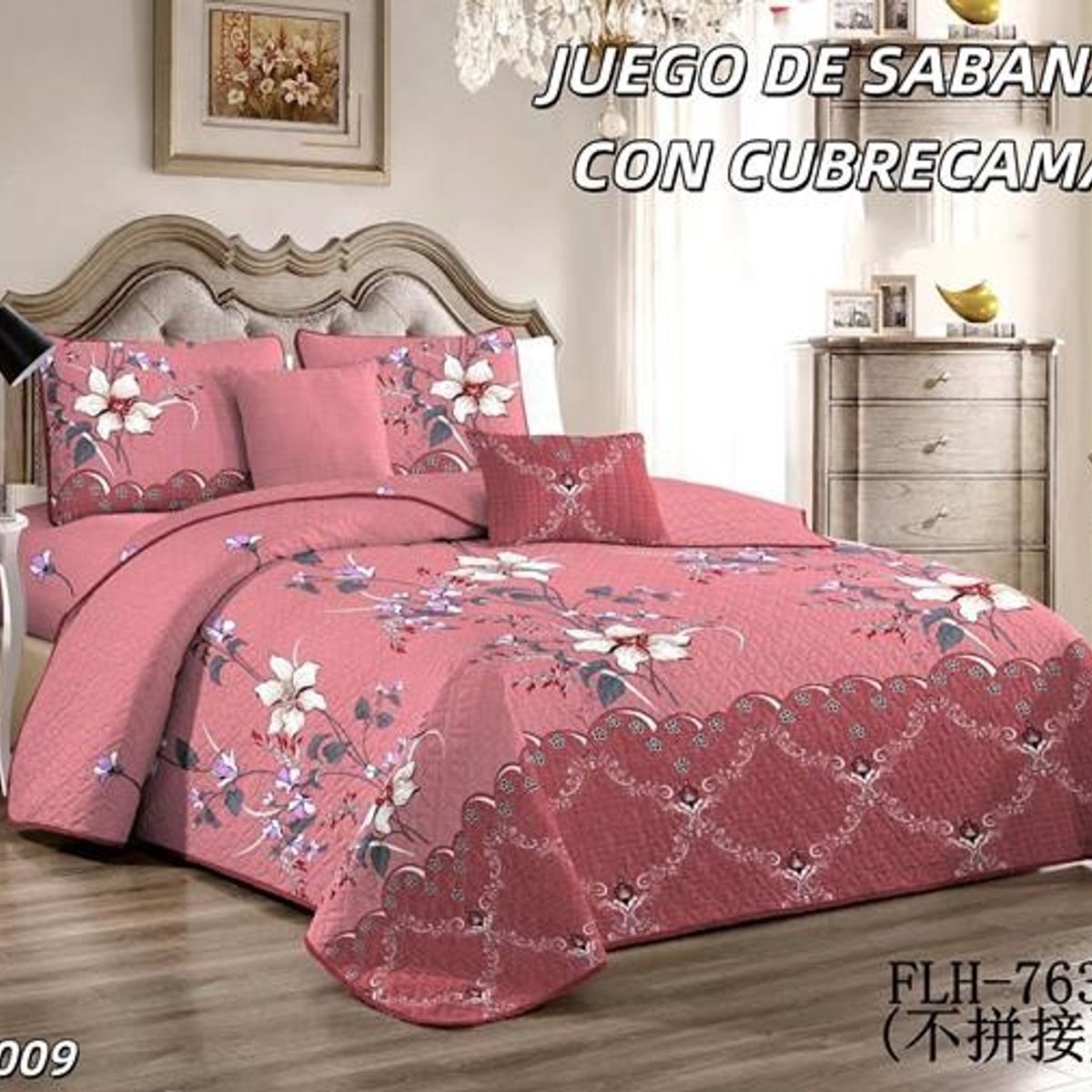 ANGELES DEL HOGAR - Set  Sabana Plaza Y Media Estampado + Cubrecama Quilt   15p