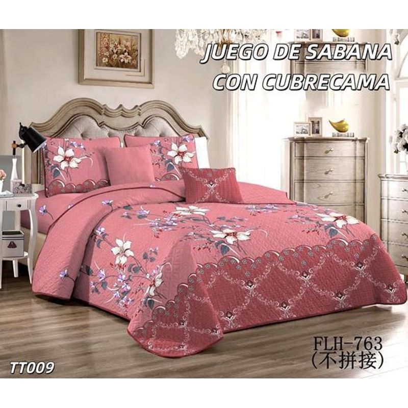 ANGELES DEL HOGAR - Set  Sabana Plaza Y Media Estampado + Cubrecama Quilt   15p